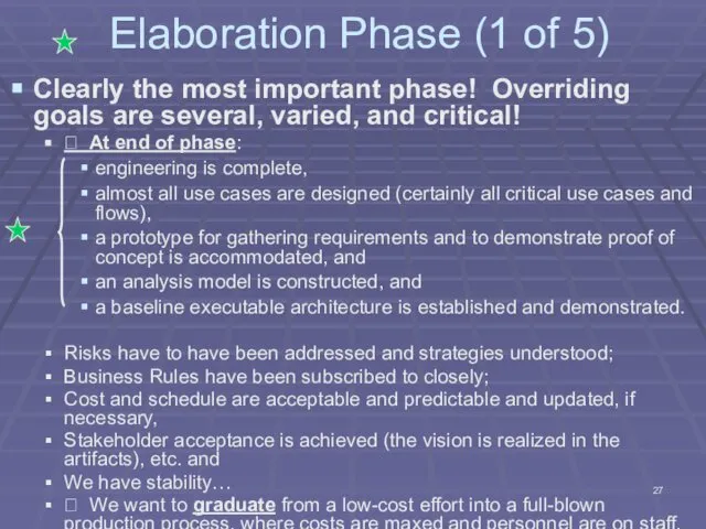 Elaboration Phase (1 of 5) Clearly the most important phase! Overriding