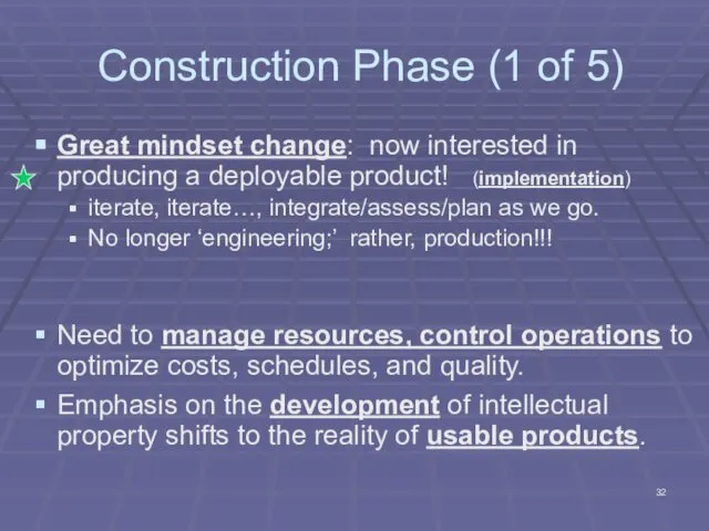 Construction Phase (1 of 5) Great mindset change: now interested in