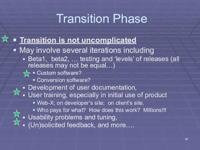 Transition Phase Transition is not uncomplicated May involve several iterations including