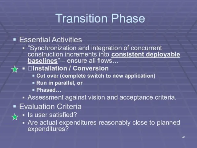 Transition Phase Essential Activities “Synchronization and integration of concurrent construction increments