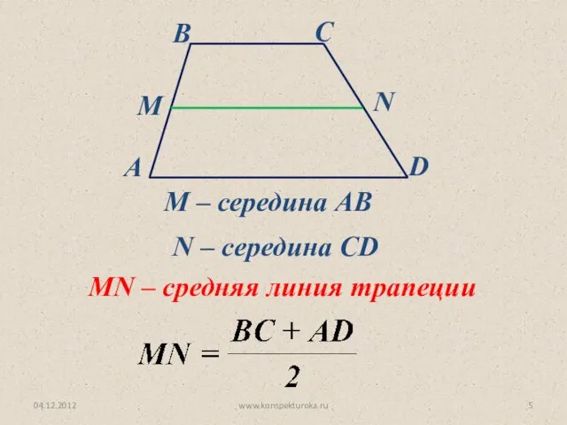 04.12.2012 www.konspekturoka.ru М – середина АВ N – середина CD MN – средняя линия трапеции