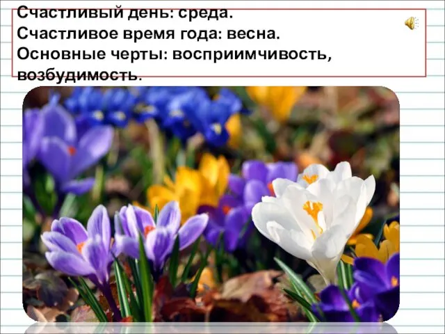 Счастливый день: среда. Счастливое время года: весна. Основные черты: восприимчивость, возбудимость.