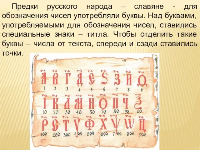 Предки русского народа – славяне - для обозначения чисел употребляли буквы.