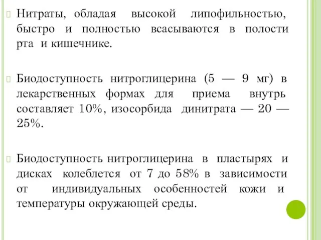 Нитраты, обладая высокой липофильностью, быстро и полностью всасываются в полости рта