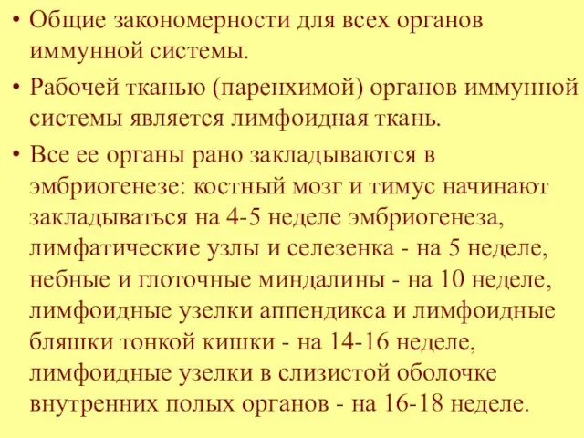 Общие закономерности для всех органов иммунной системы. Рабочей тканью (паренхимой) органов