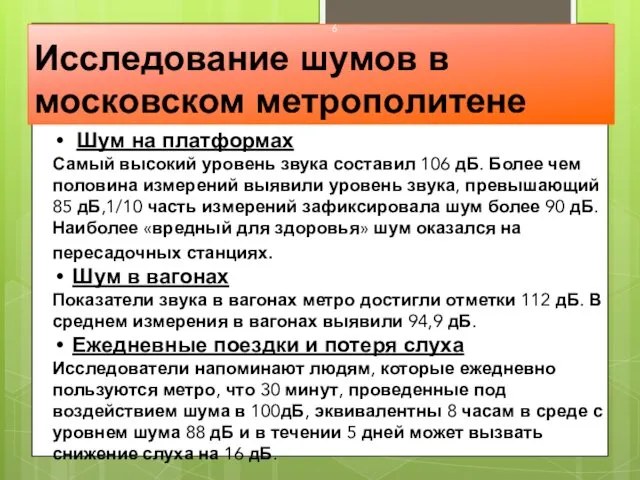 Исследование шумов в московском метрополитене Шум на платформах Самый высокий уровень