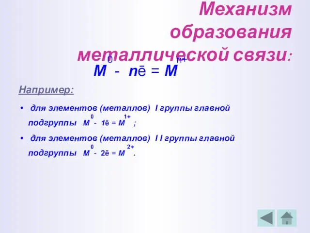 Механизм образования металлической связи: 0 n+ М - nē = М