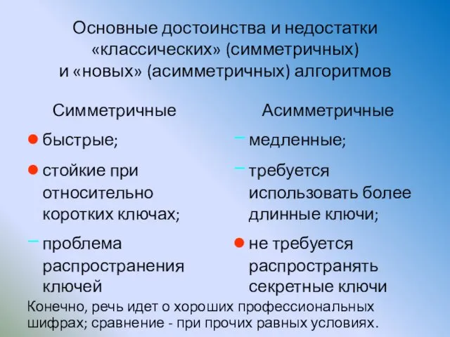 Основные достоинства и недостатки «классических» (симметричных) и «новых» (асимметричных) алгоритмов Симметричные