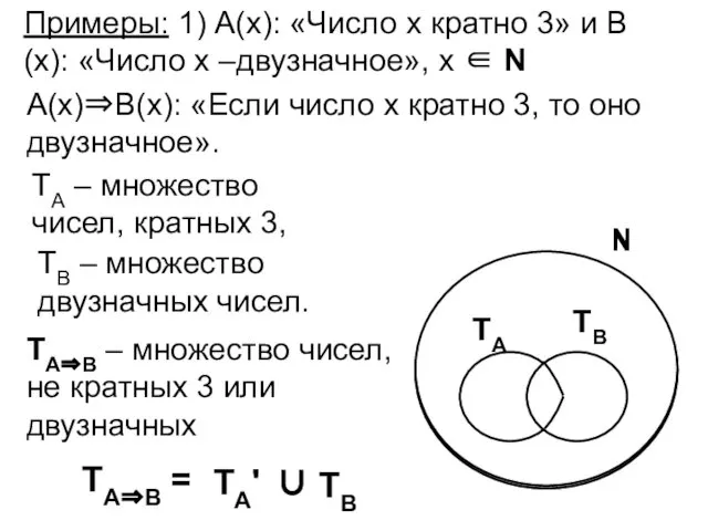 Примеры: 1) А(х): «Число х кратно 3» и В(х): «Число х