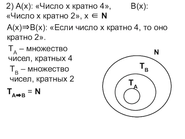 2) А(х): «Число х кратно 4», В(х): «Число х кратно 2»,