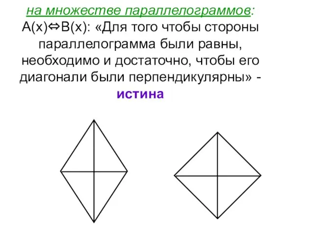 на множестве параллелограммов: А(х)⇔В(х): «Для того чтобы стороны параллелограмма были равны,