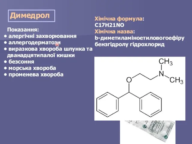 Димедрол Показання: алергічні захворювання аллергодерматози виразкова хвороба шлунка та дванадцятипалої кишки