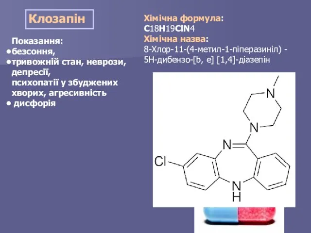 Клозапін Показання: безсоння, тривожній стан, неврози, депресії, психопатії у збуджених хворих,