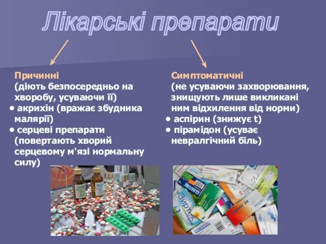 Лікарські препарати Причинні (діють безпосередньо на хворобу, усуваючи її) акрихін (вражає