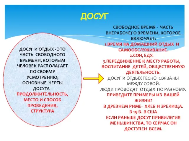 ДОСУГ ДОСУГ И ОТДЫХ - ЭТО ЧАСТЬ СВОБОДНОГО ВРЕМЕНИ, КОТОРЫМ ЧЕЛОВЕК