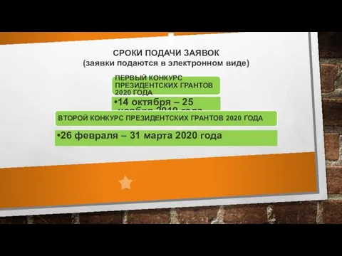 СРОКИ ПОДАЧИ ЗАЯВОК (заявки подаются в электронном виде) ПЕРВЫЙ КОНКУРС ПРЕЗИДЕНТСКИХ