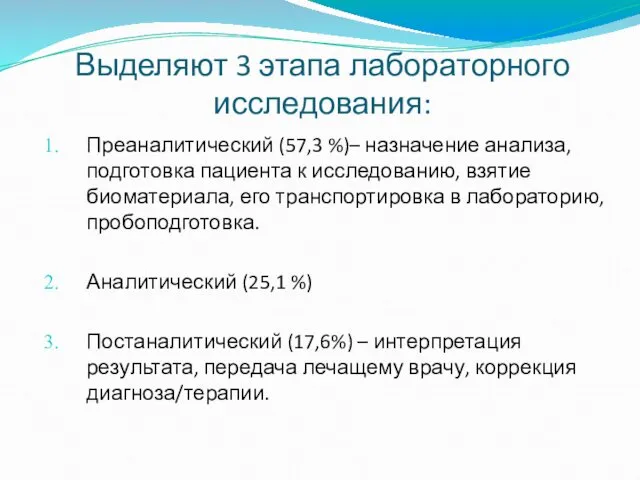 Выделяют 3 этапа лабораторного исследования: Преаналитический (57,3 %)– назначение анализа, подготовка