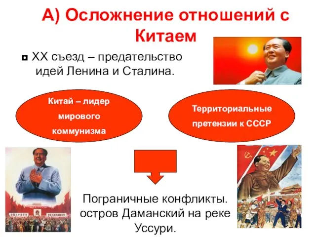 А) Осложнение отношений с Китаем ХХ съезд – предательство идей Ленина