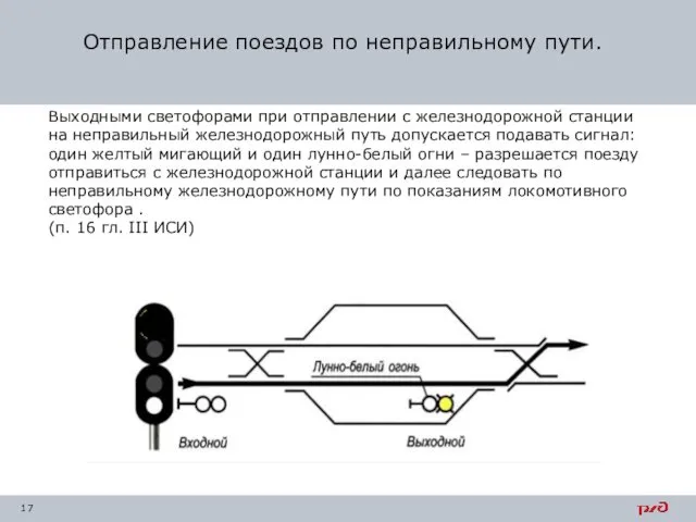 Отправление поездов по неправильному пути. Выходными светофорами при отправлении с железнодорожной