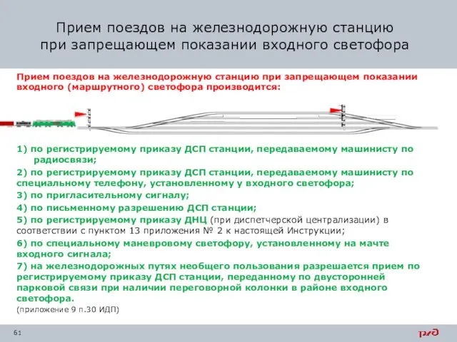 Прием поездов на железнодорожную станцию при запрещающем показании входного (маршрутного) светофора