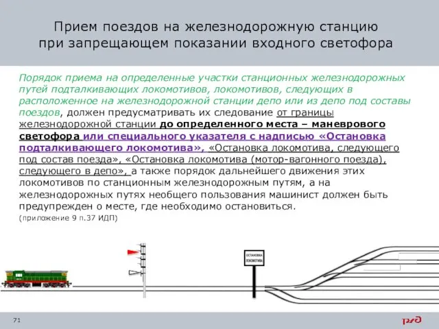 Порядок приема на определенные участки станционных железнодорожных путей подталкивающих локомотивов, локомотивов,