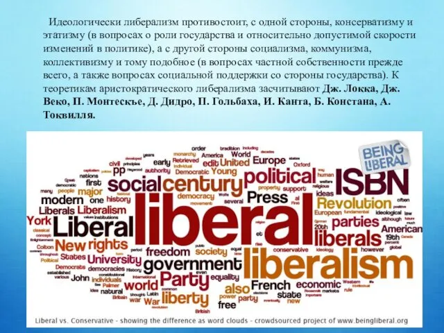 Идеологически либерализм противостоит, с одной стороны, консерватизму и этатизму (в вопросах