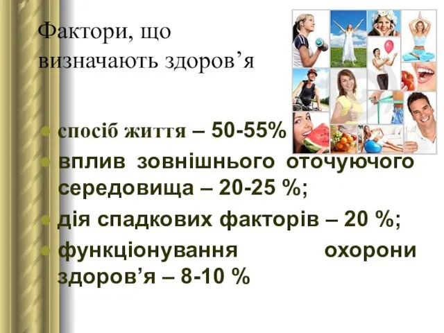 Фактори, що визначають здоров’я спосіб життя – 50-55% вплив зовнішнього оточуючого