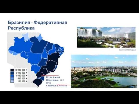 Бразилия - Федеративная Республика Штат: Paraná Население: 11,2 млн Столица: г. Curitiba Iguaçu (водопады)