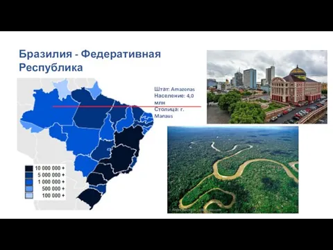 Бразилия - Федеративная Республика Штат: Amazonas Население: 4,0 млн Столица: г. Manaus