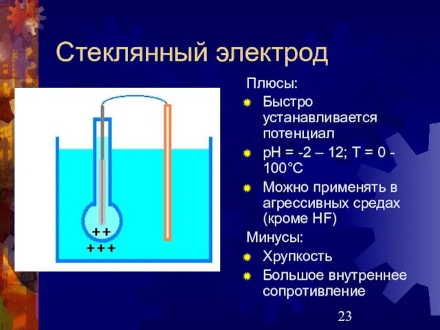 Стеклянный электрод Плюсы: Быстро устанавливается потенциал рН = -2 – 12;