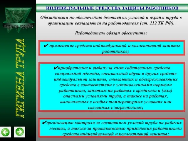 охрана труда ИНДИВИДУАЛЬНЫЕ СРЕДСТВА ЗАЩИТЫ РАБОТНИКОВ ГИГИЕНА ТРУДА Обязанности по обеспечению