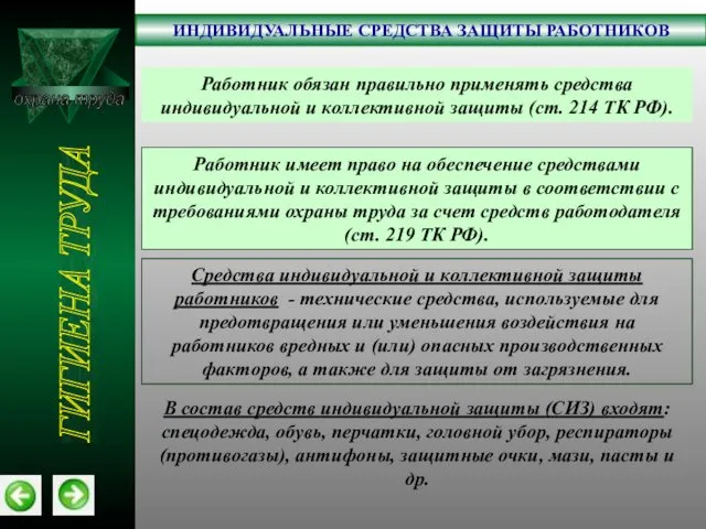 охрана труда ИНДИВИДУАЛЬНЫЕ СРЕДСТВА ЗАЩИТЫ РАБОТНИКОВ ГИГИЕНА ТРУДА Работник обязан правильно