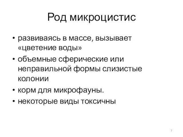 Род микроцистис развиваясь в массе, вызывает «цветение воды» объемные сферические или