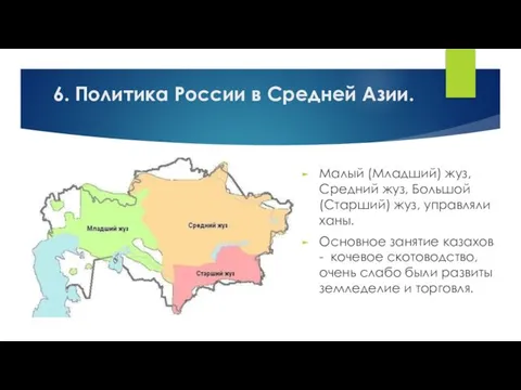 6. Политика России в Средней Азии. Малый (Младший) жуз, Средний жуз,