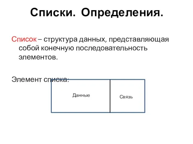 Списки. Определения. Список – структура данных, представляющая собой конечную последовательность элементов. Элемент списка: Данные Связь