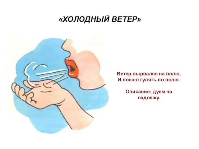 «ХОЛОДНЫЙ ВЕТЕР» Ветер вырвался на волю, И пошел гулять по полю. Описание: дуем на ладошку.