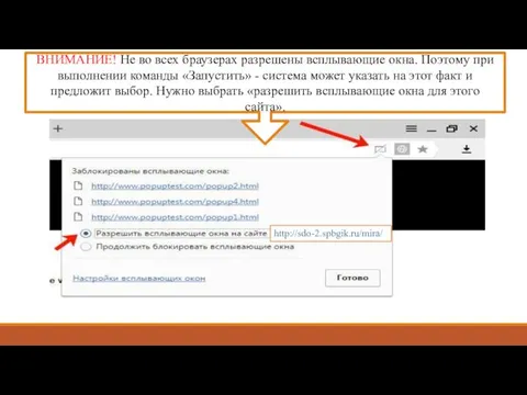 ВНИМАНИЕ! Не во всех браузерах разрешены всплывающие окна. Поэтому при выполнении