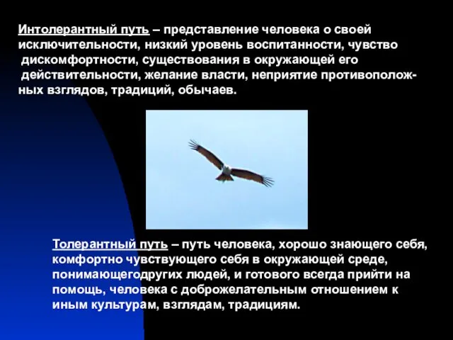 Интолерантный путь – представление человека о своей исключительности, низкий уровень воспитанности,