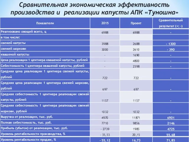 Сравнительная экономическая эффективность производства и реализации капусты АПК «Туношна»