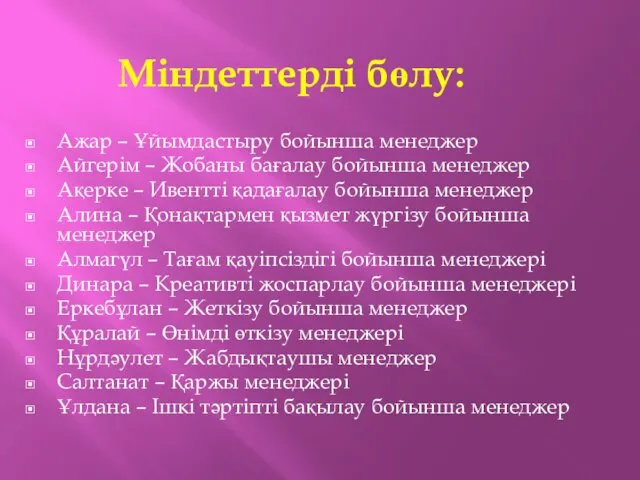 Міндеттерді бөлу: Ажар – Ұйымдастыру бойынша менеджер Айгерім – Жобаны бағалау