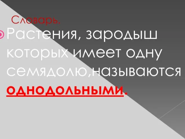 Словарь. Растения, зародыш которых имеет одну семядолю,называются однодольными.