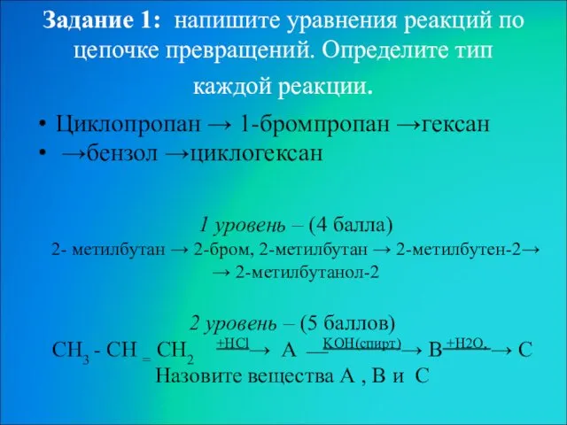 Задание 1: напишите уравнения реакций по цепочке превращений. Определите тип каждой