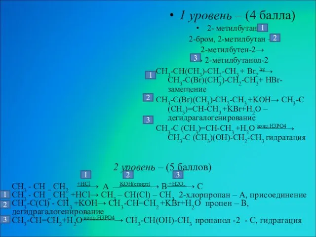 1 уровень – (4 балла) 2- метилбутан → 2-бром, 2-метилбутан →