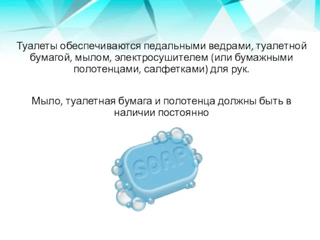 Туалеты обеспечиваются педальными ведрами, туалетной бумагой, мылом, электросушителем (или бумажными полотенцами,