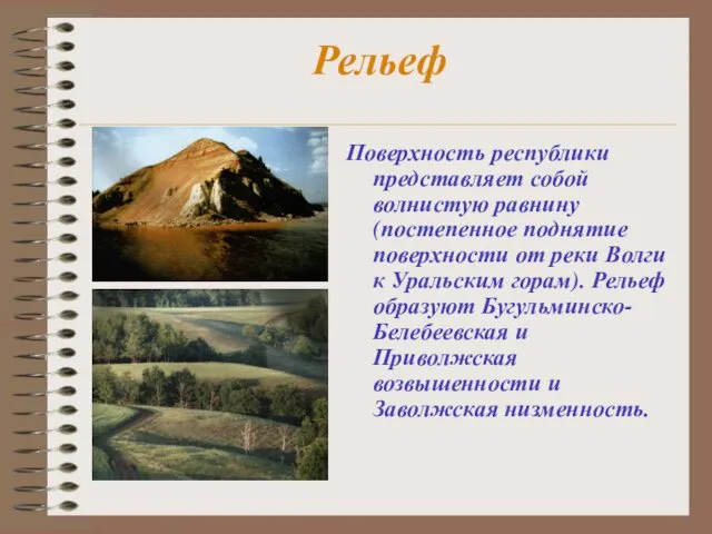 Рельеф Поверхность республики представляет собой волнистую равнину (постепенное поднятие поверхности от