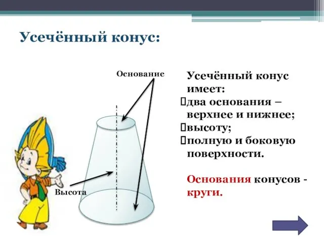 Усечённый конус: Основание Усечённый конус имеет: два основания – верхнее и