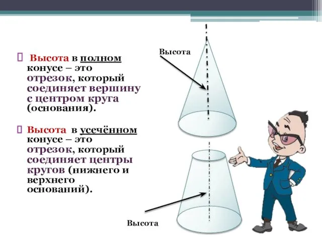 Высота в полном конусе – это отрезок, который соединяет вершину с