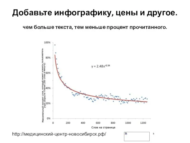 Добавьте инфографику, цены и другое. чем больше текста, тем меньше процент прочитанного. http://медицинский-центр-новосибирск.рф/