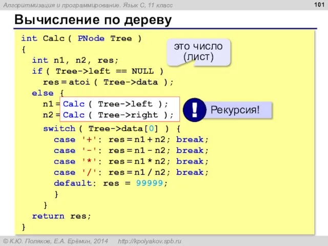 Вычисление по дереву int Calc ( PNode Tree ) { int