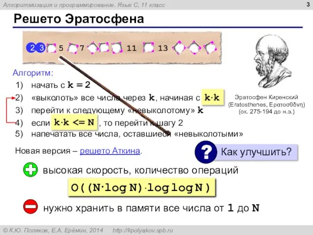 Решето Эратосфена Эратосфен Киренский (Eratosthenes, Ερατοσθδνη) (ок. 275-194 до н.э.) Новая